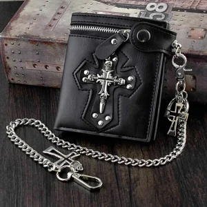 1pcs Gothic Leather Wallet with Vintage Chain & Rivets Skull Cross Design Coin Purse Punk Rock Accessories