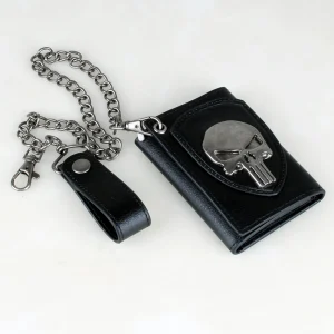 Skull Hip Hop Wallet With Chain, PU Leather Trifold Wallet